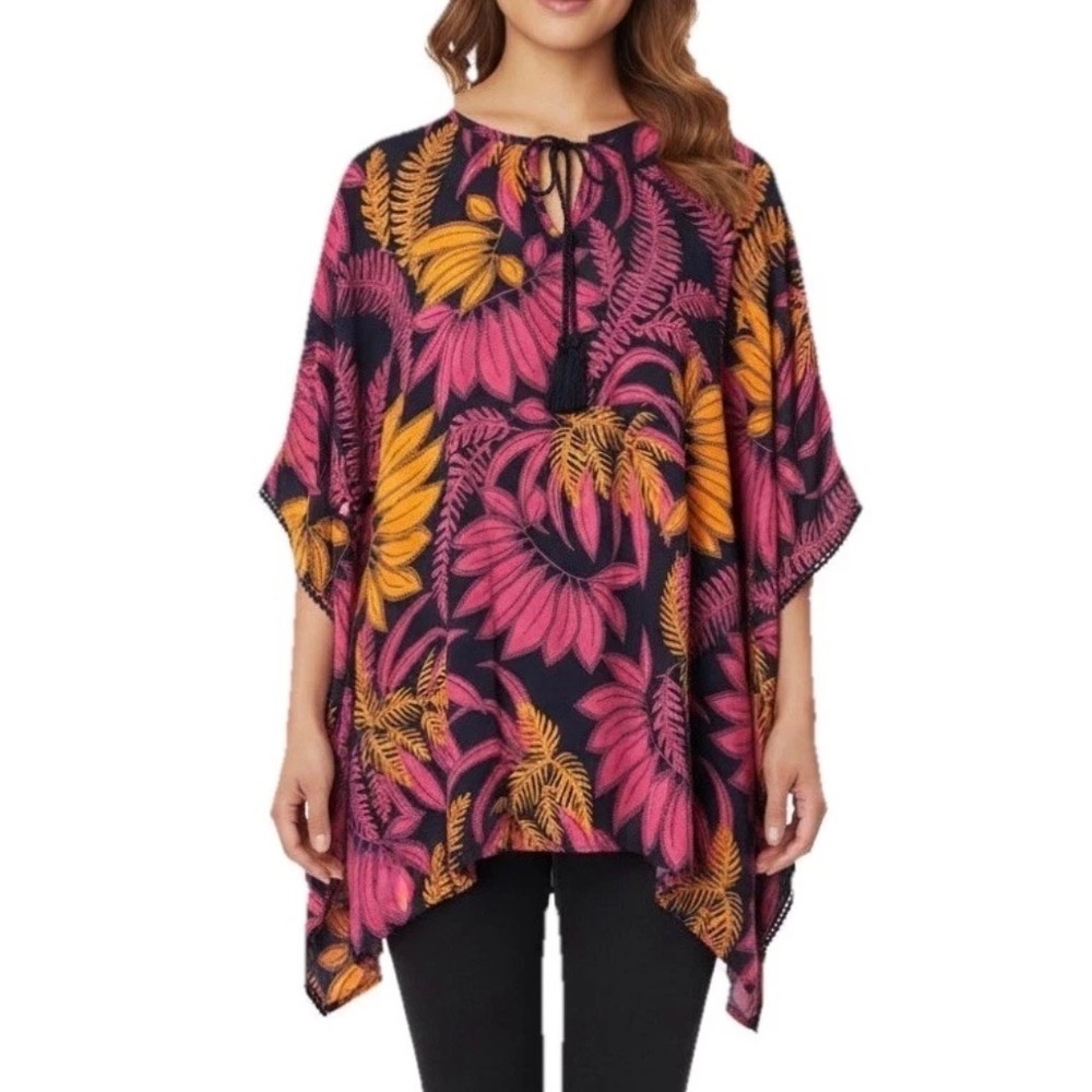 d&co. BEACH Tropical Fern Kaftan Poncho‎ Women M/L Navy Pink Tassel Cover-Up